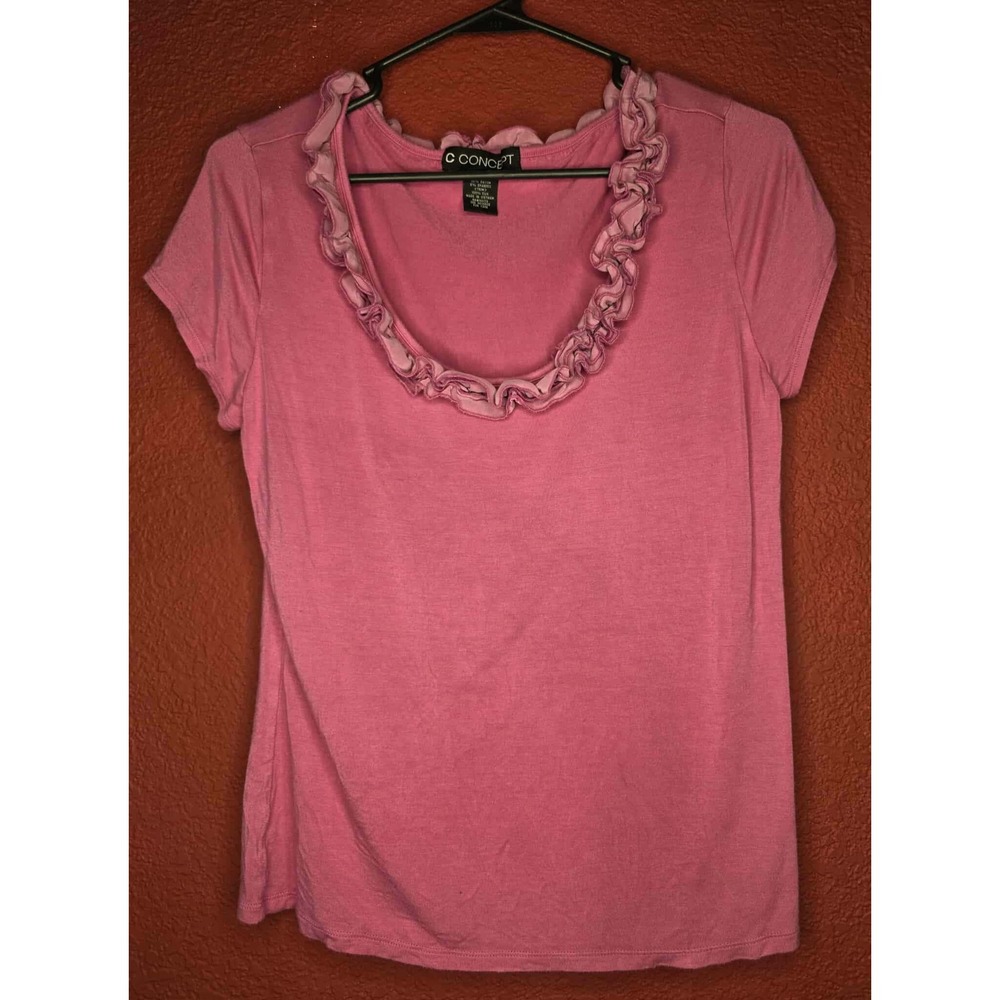 C‎ Concept Pink Ruffle Neck Short Sleeve T Shirt Casual Top